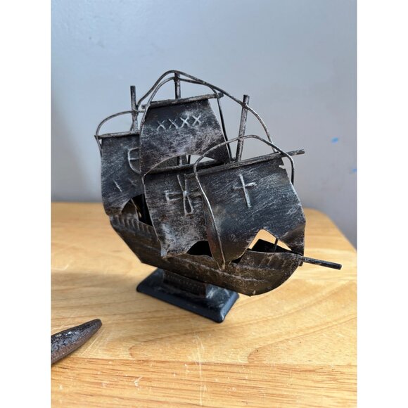 Vintage Nautical Decor Set With Metal Sailboat Pirate Ship & Starfish Sculpture - Picture 3 of 5